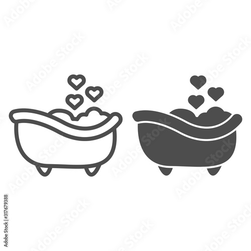Romantic Bathtub line and solid icon. Romantic Bathroom with heart favorite foam illustration isolated on white. Bath foam and heart bubbles outline style design, designed for web and app. Eps 10.