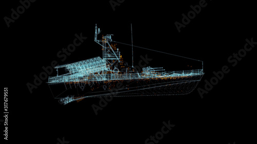 Battleship Hologram Wireframe. Nice 3D Render on a black background © mahirkart