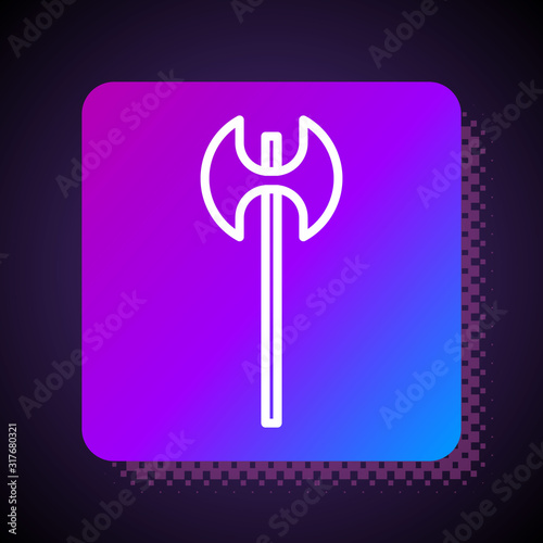 White line Medieval axe icon isolated on black background. Battle axe, executioner axe. Medieval weapon. Square color button. Vector Illustration