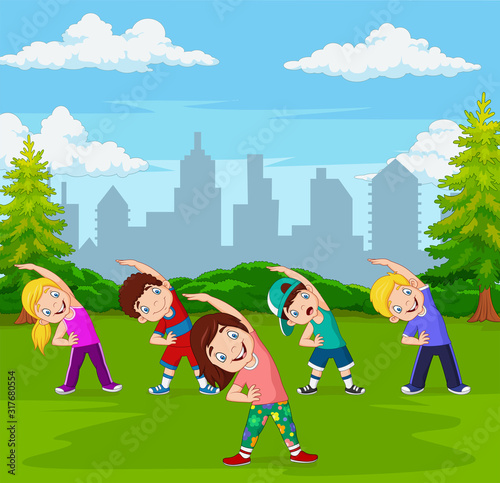 Cartoon little kids exercising in green city park