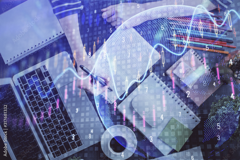Financial chart drawn over hands taking notes background. Concept of research. Double exposure Financial chart drawn over hands taking notes background. Concept of research. Double exposure