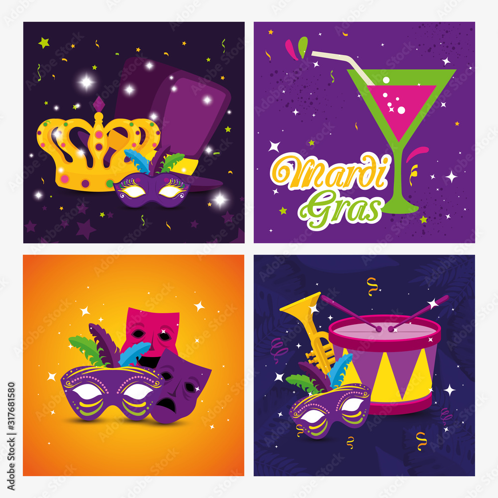 Mardi gras masks drum cocktail and crown vector design