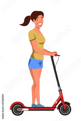Friendly smiling woman on electric scooter. Happy female prefer eco transportation. Active lifestyle. Girl enjoying futuristic e-scooter ride. Vector flat illustration.