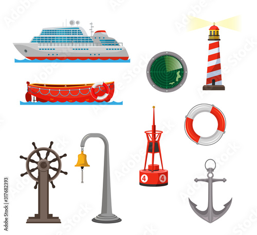 Ship, boat, sea items cartoon marine theme set
