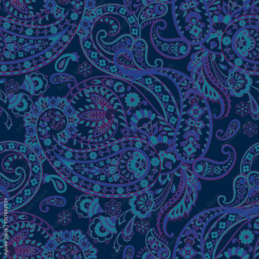 Paisley folkloric flowers seamless pattern. ethnic floral vector ornament