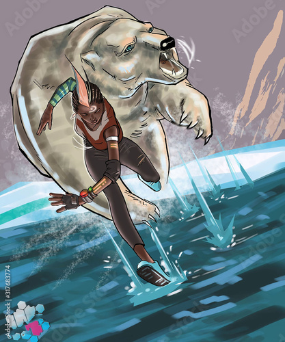 a running girl and a bear chasing her