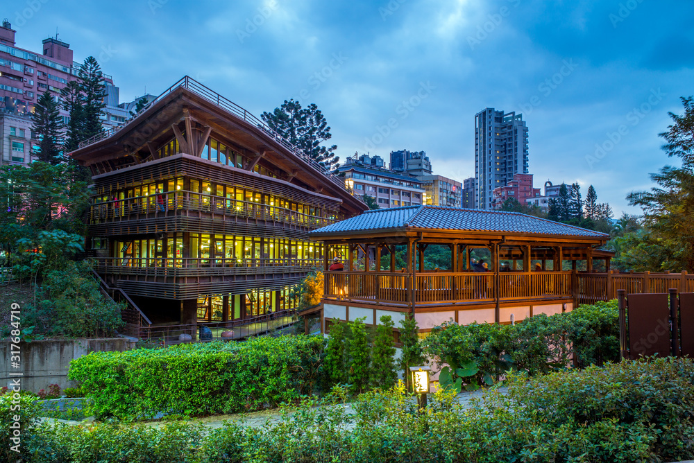 Fototapeta premium night view of library in beitou, taipei, taiwan