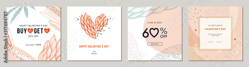 Happy Valentine's Day greeting cards. Trendy abstract square art templates. Suitable for social media posts, mobile apps, banners design and web/internet ads.