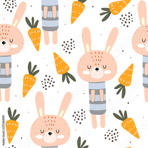 Seamless pattern with cartoon bunnies, decor elements. colorful vector for kids. hand drawing. baby design for fabric, decoration, wrapper, print, textile