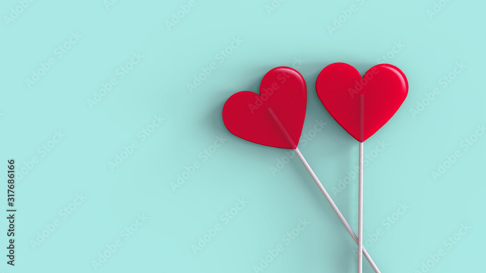 Valentines day, Love concept. Valentines card and red hearts. Two red lollipops heart shape. 3D illustration