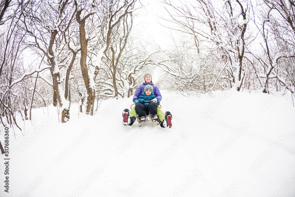 A woman with her son rides down the hill in a sleigh.