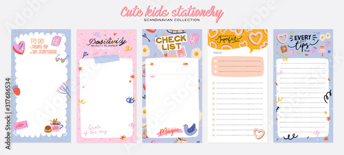 Collection of weekly or daily planner, note paper, to do list, stickers templates decorated by cute love illustrations and inspirational quote. School scheduler and organizer. Flat vector