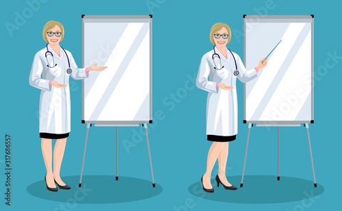 Middle-aged blond female doctor is pointing to flip chart. European woman dressed lab coat is standing half turn and demonstrating information on the white board. Isolated set of vector illustrations.