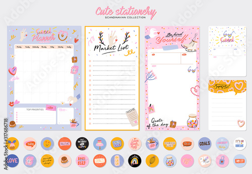 Collection of weekly or daily planner, note paper, to do list, stickers templates decorated by cute love illustrations and inspirational quote. School scheduler and organizer. Flat vector