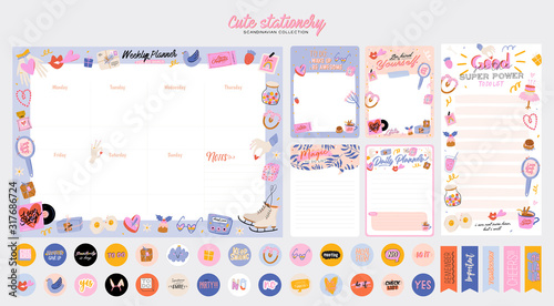 Collection of weekly or daily planner, note paper, to do list, stickers templates decorated by cute love illustrations and inspirational quote. School scheduler and organizer. Flat vector