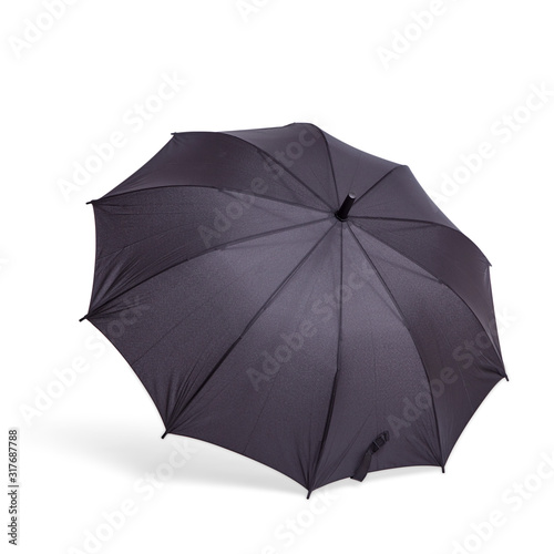 Black umbrella in an open form is isolated on a white background with a shadow.