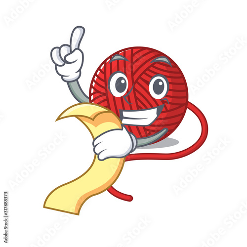 A funny cartoon character of red wool yarn with a menu