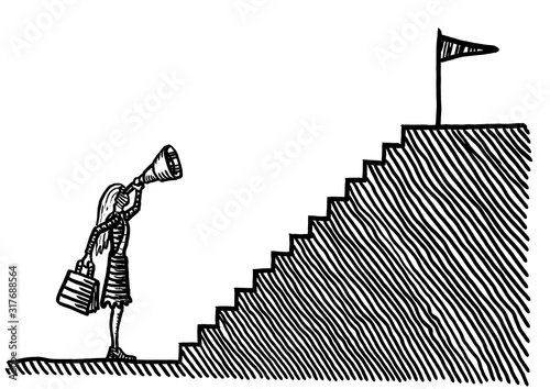 Drawn Woman Looking Up To Goal Atop Stairway