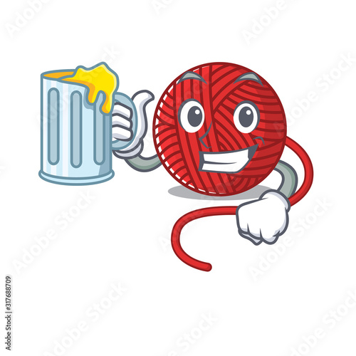 Happy red wool yarn mascot design with a big glass