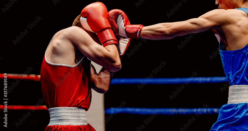 boxer lands left jab to head through his gloves - obrazy, fototapety, plakaty 