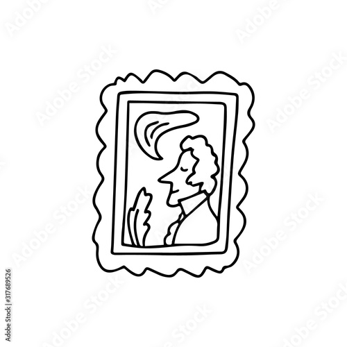 A hand drawn framed portrait of a writer, a poet or a composer with a quill. Doodle vector illustration in black ink isolated on white background.