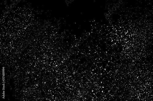 White Grainy Texture Isolated On Black Background. Dust Overlay. Light Coloured Noise Granules. Snow Vector Elements. Digitally Generated Image. Illustration, Eps 10.