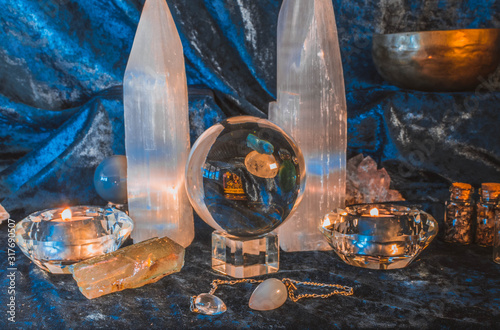 Crystal ball with selenite crystal spiers