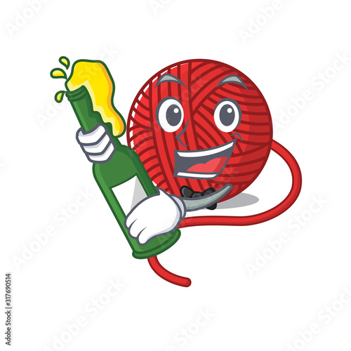 mascot cartoon design of red wool yarn with bottle of beer