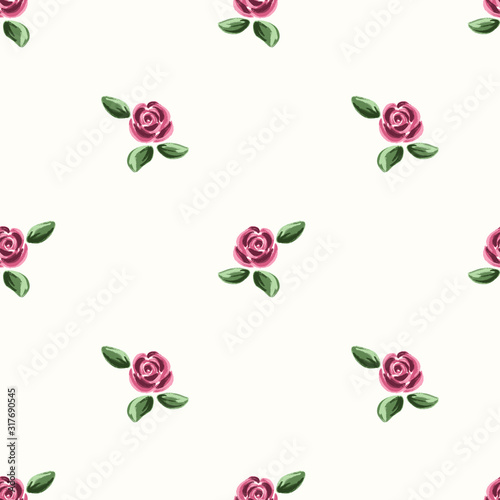 Gouache painted rose flower pattern, seamless vector watercolor garden floral
