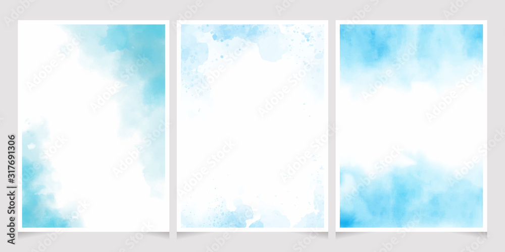 blue watercolor wash splash with golden frame 5x7 invitation card background template collection