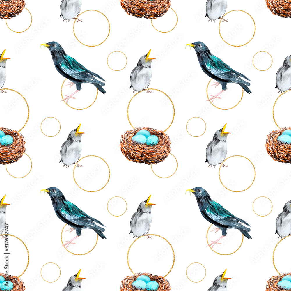 Obraz watercolor seamless pattern - spring, birds, chicks, nest