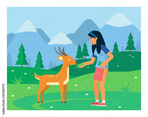 Girl and deer flat vector illustration