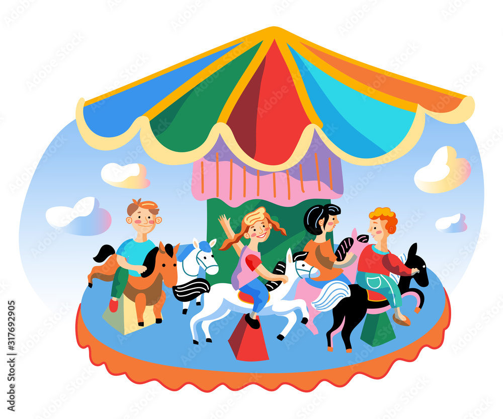 Kids ride on carousel flat vector illustration