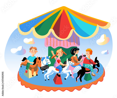 Kids ride on carousel flat vector illustration