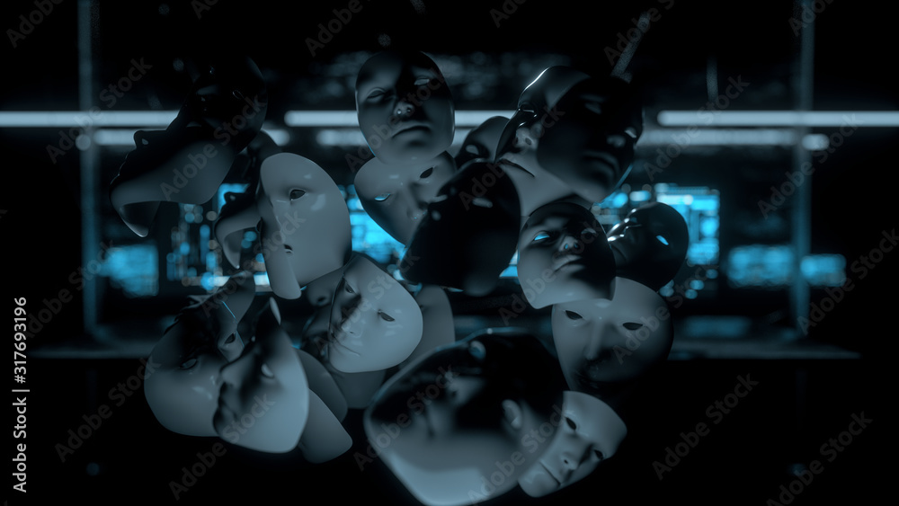 Fototapeta premium Masks of a hacktivist group at the data server