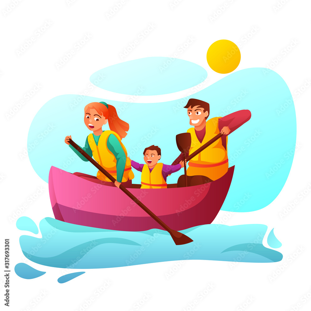 Obraz premium Family in boat on river flat vector illustration