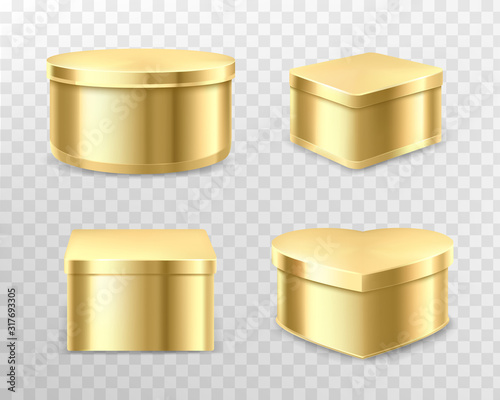 Golden tin boxes for tea, coffee or candies. Vector realistic mockup of round, square and heart shape cans for gift packaging sweets, biscuits isolated on transparent background