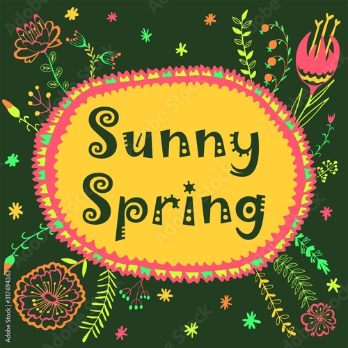 Sunny spring text frame flowers vector illustration hand drawing