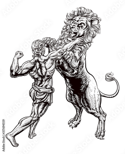Photo Hercules fighting the Nemean Lion as one of his twelve tasks or labors