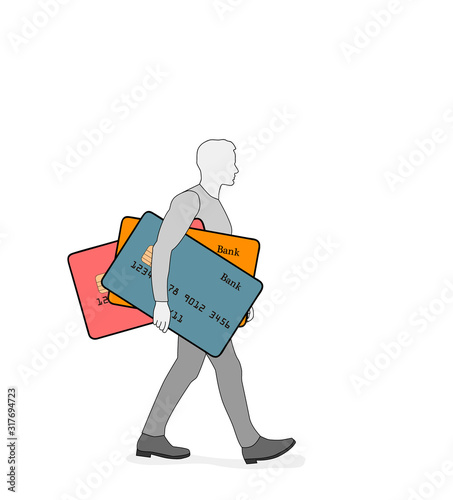 a person carries a lot of bank cards. Bank selection concept. accessibility to use different banks. vector illustration.