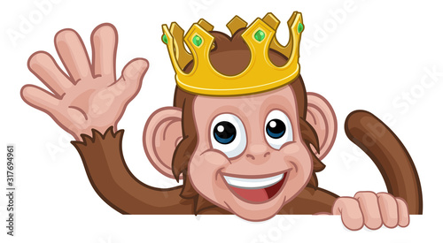 A monkey king cartoon character animal wearing a crown peeking over a sign and waving
