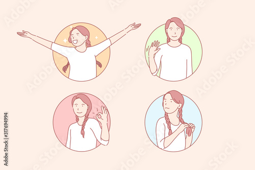 Happiness, approval, shy, greeting, set.