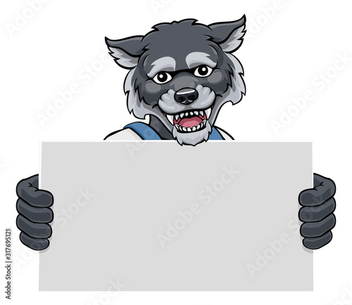 A wolf animal construction cartoon mascot handyman or builder maintenance contractor holding a sign