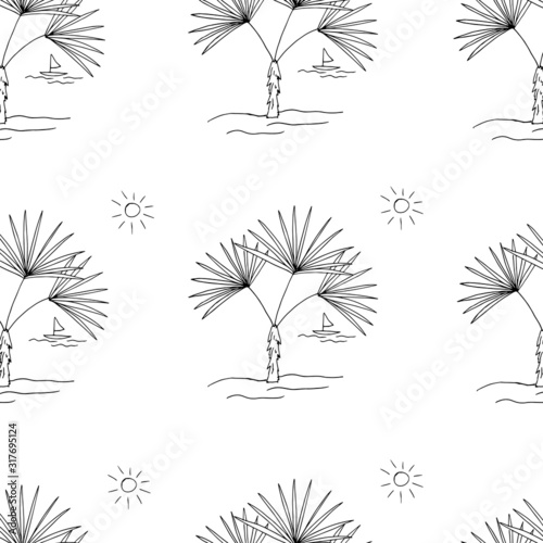 Fan palm. Seamless pattern. Line art. Vector illustration.