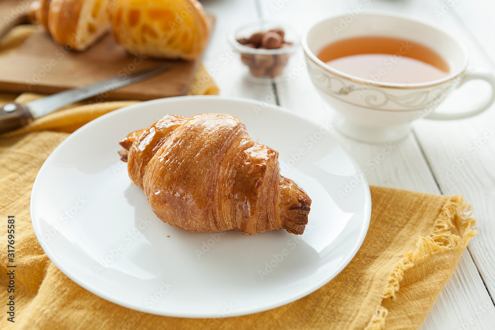 Croissant. Puff pastry bagel. Traditional european pastries. French cuisine