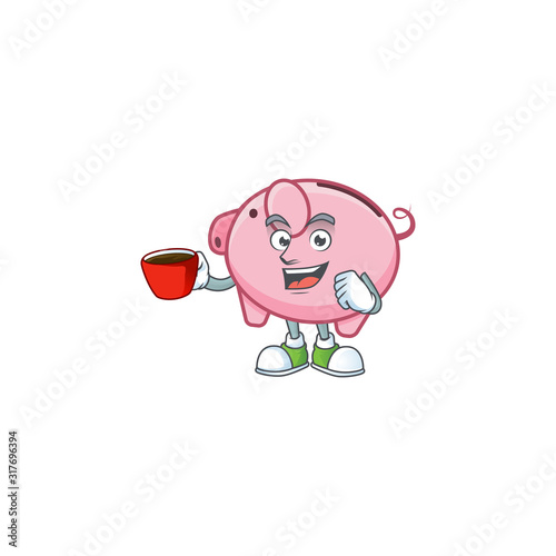 cartoon character of piggy bank with a cup of coffee photo