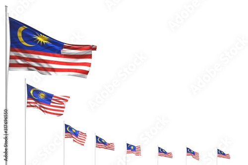 pretty many Malaysia flags placed diagonal isolated on white with place for content - any occasion flag 3d illustration..