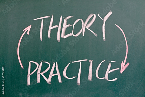 Theory and practice words written on the chalkboard