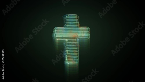 3d rendering glowing hologram of symbol of catholic cross distorted glitch green old tv screen on black background