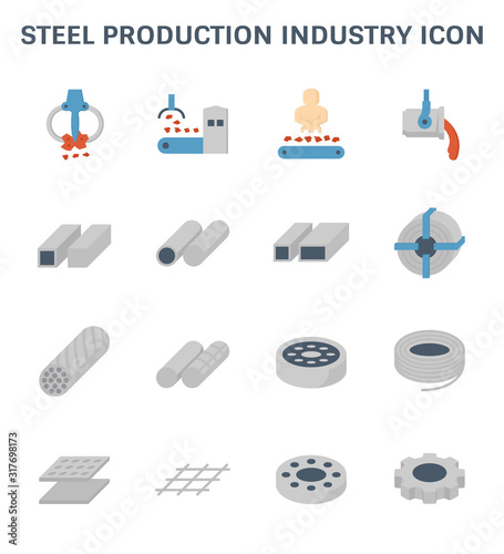 Production industry, manufacturing and metallurgy vector icon consist of worker, machine equipment. Include smelting, melting or casting product of steel, metal, iron i.e. pipe, wire, rebar, roll coil